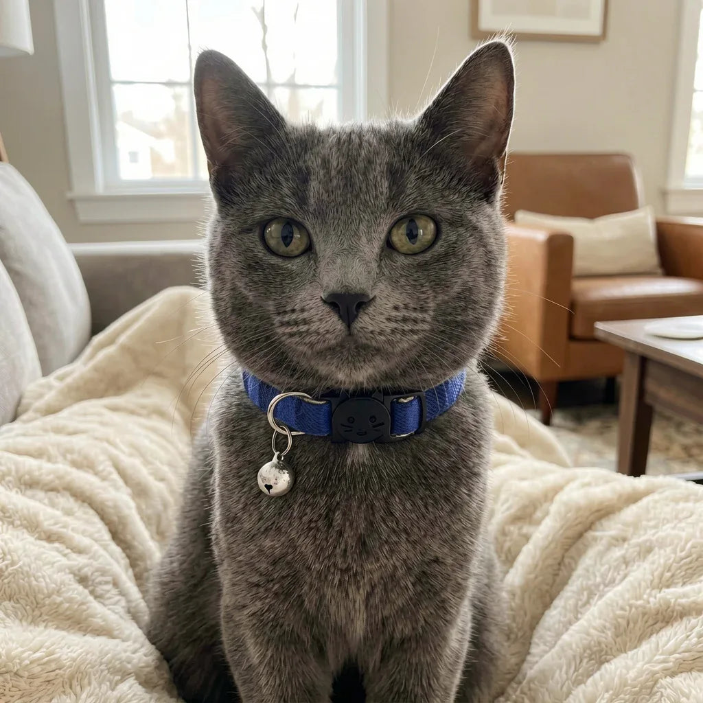 Coleira para gatos azul em gato cinza confortável