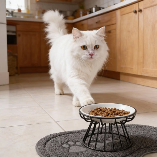 gato branco indo até o comedouro de cerâmica para gatos