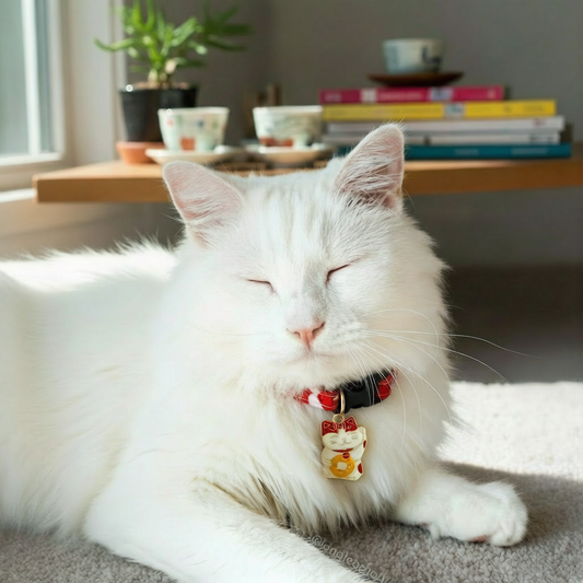 Gato branco com olhos fechados usando coleira para gatos oriental