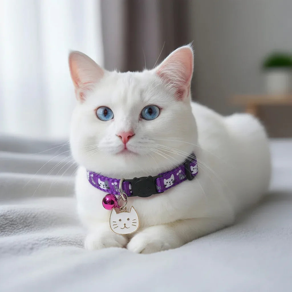 Gato branco usando coleira roxa de qualidade