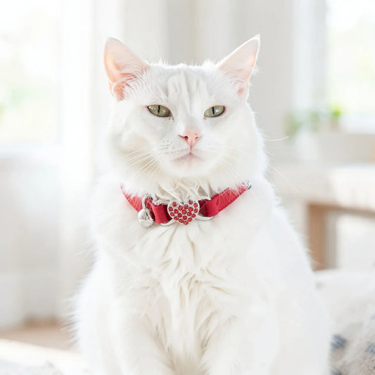 Coleira para gatos vermelha em gato branco com cara séria