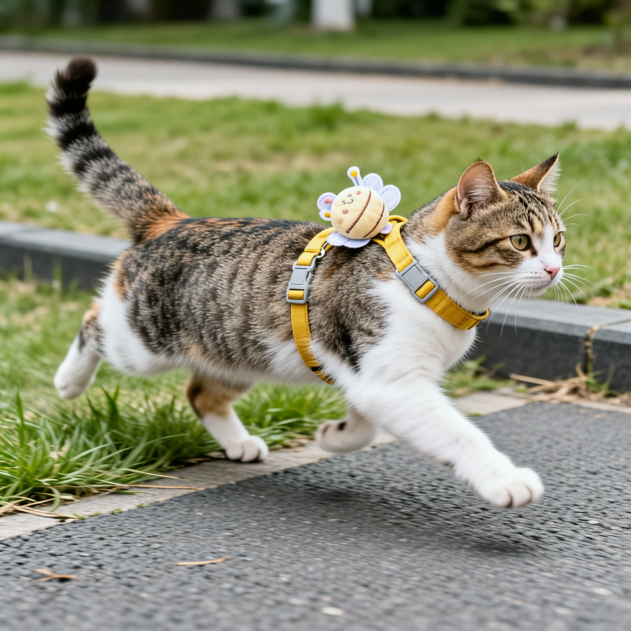 lifestyle de um gato fofo andando na calçada usando uma coleira da cantito para gatos 
