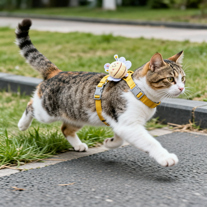 lifestyle de um gato fofo andando na calçada usando uma coleira da cantito para gatos 
