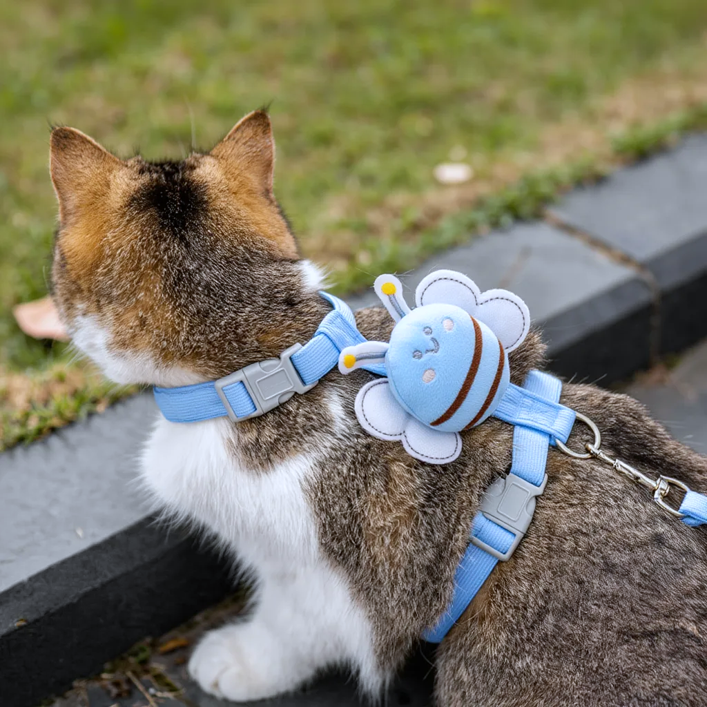 Gato olhando para o lado usando uma coleira para gatos azul da cantito
