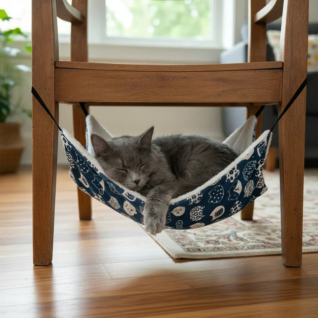 rede para gatos com gato cinza deitado