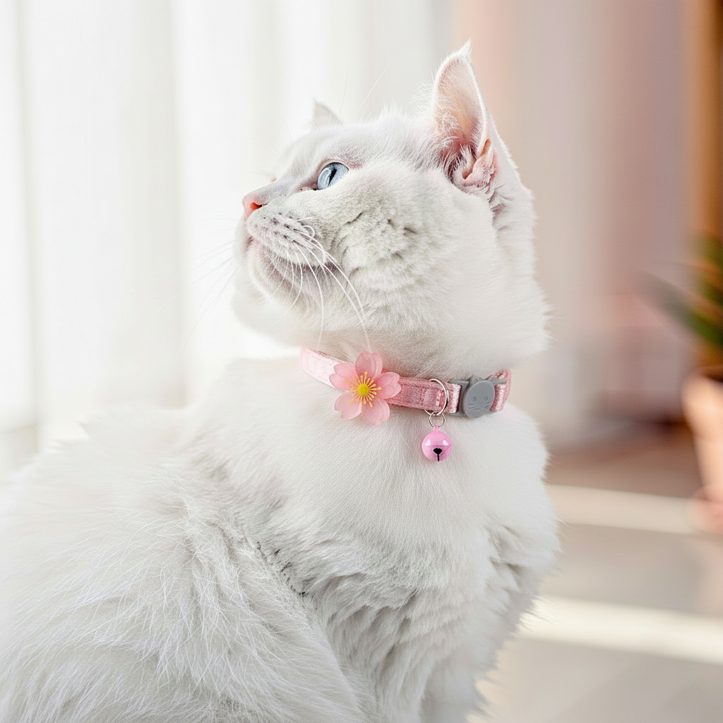 gato branco usando uma coleira rosa para gatos com pingente de flor 
