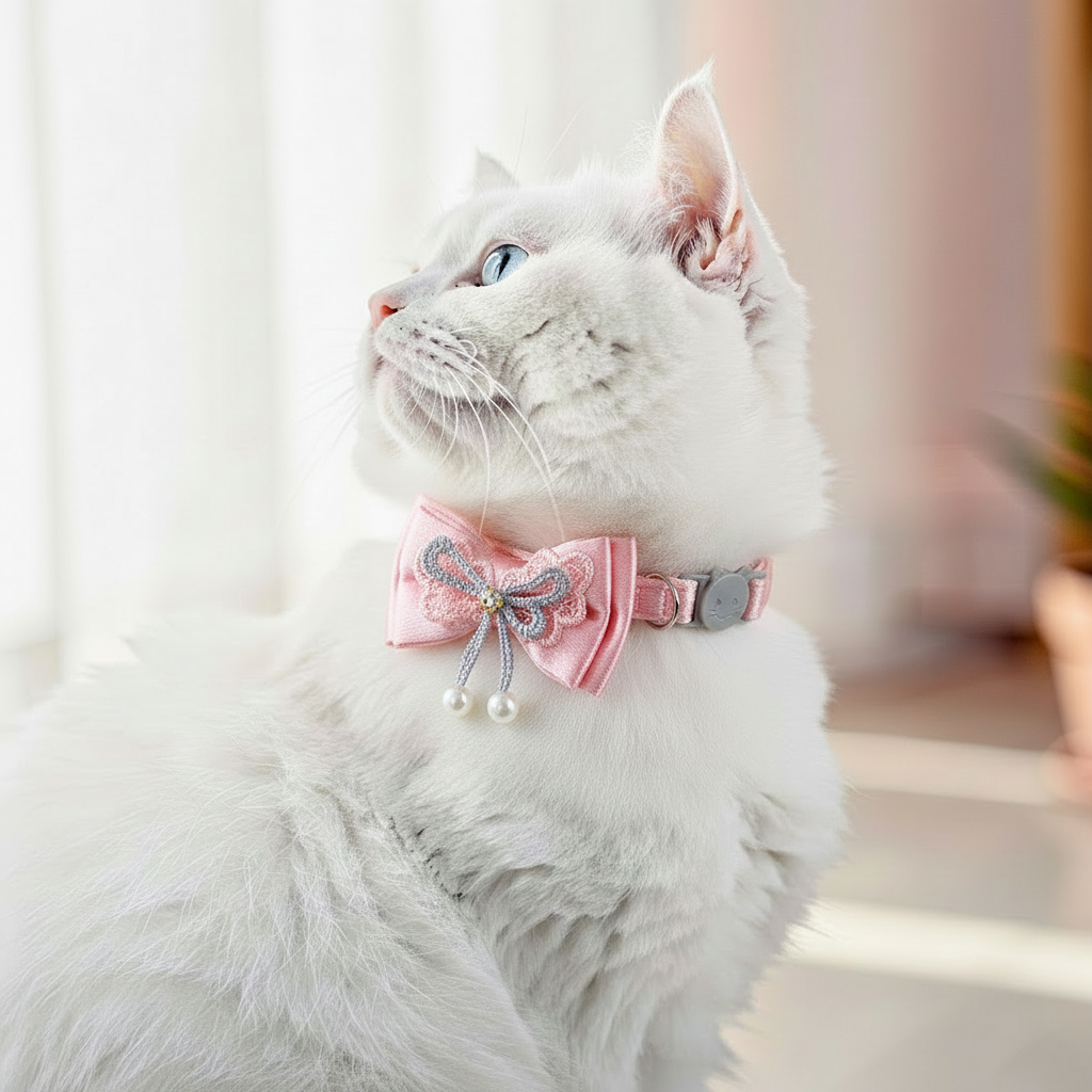gato branco usando uma coleira rosa para gatos com laço e bordado 