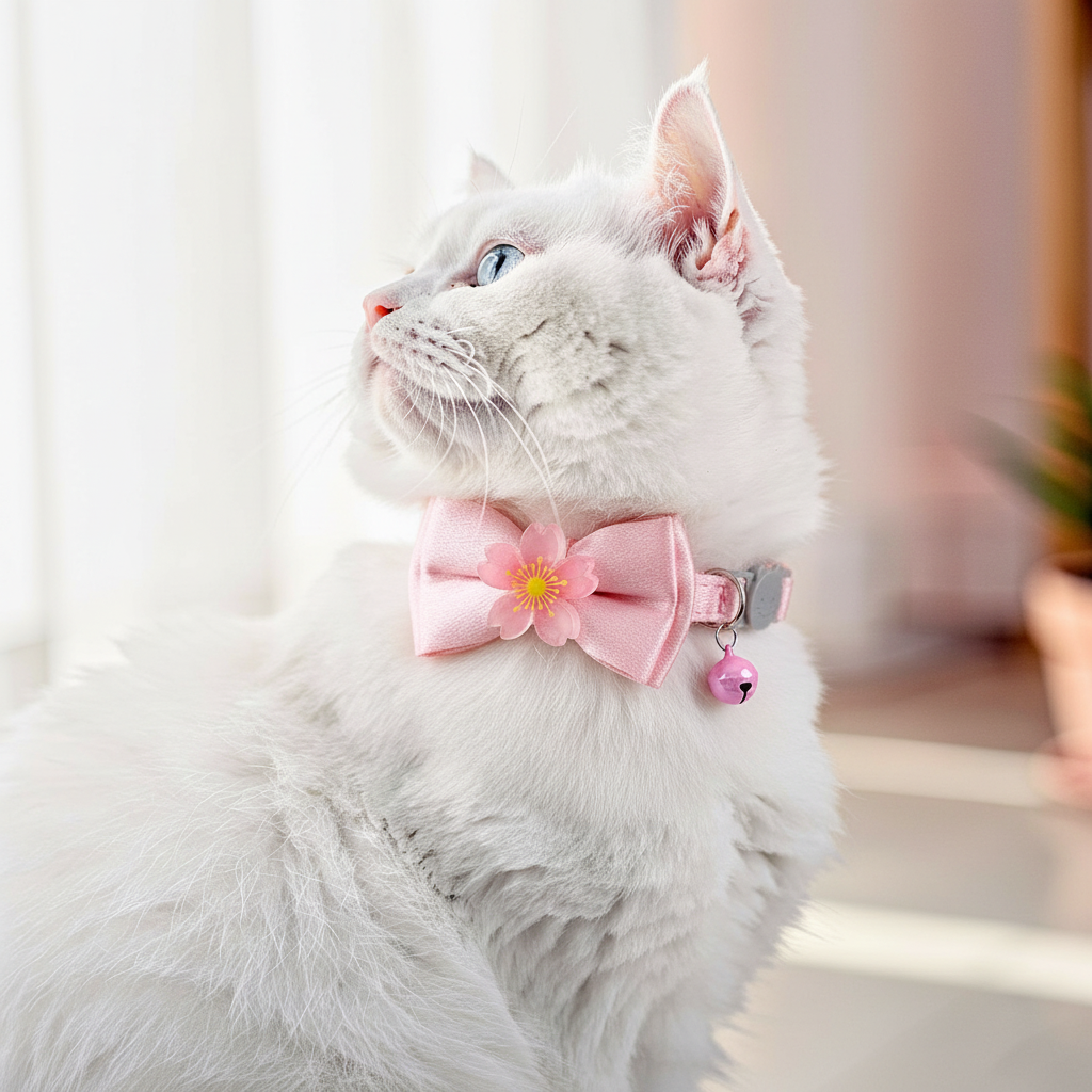 gato branco usando uma coleira rosa para gatos com pingente de flor 