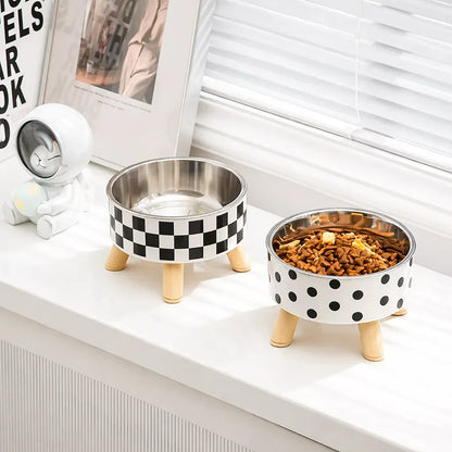 Comedouro elevado para gatos com base de madeira e tigela inox
