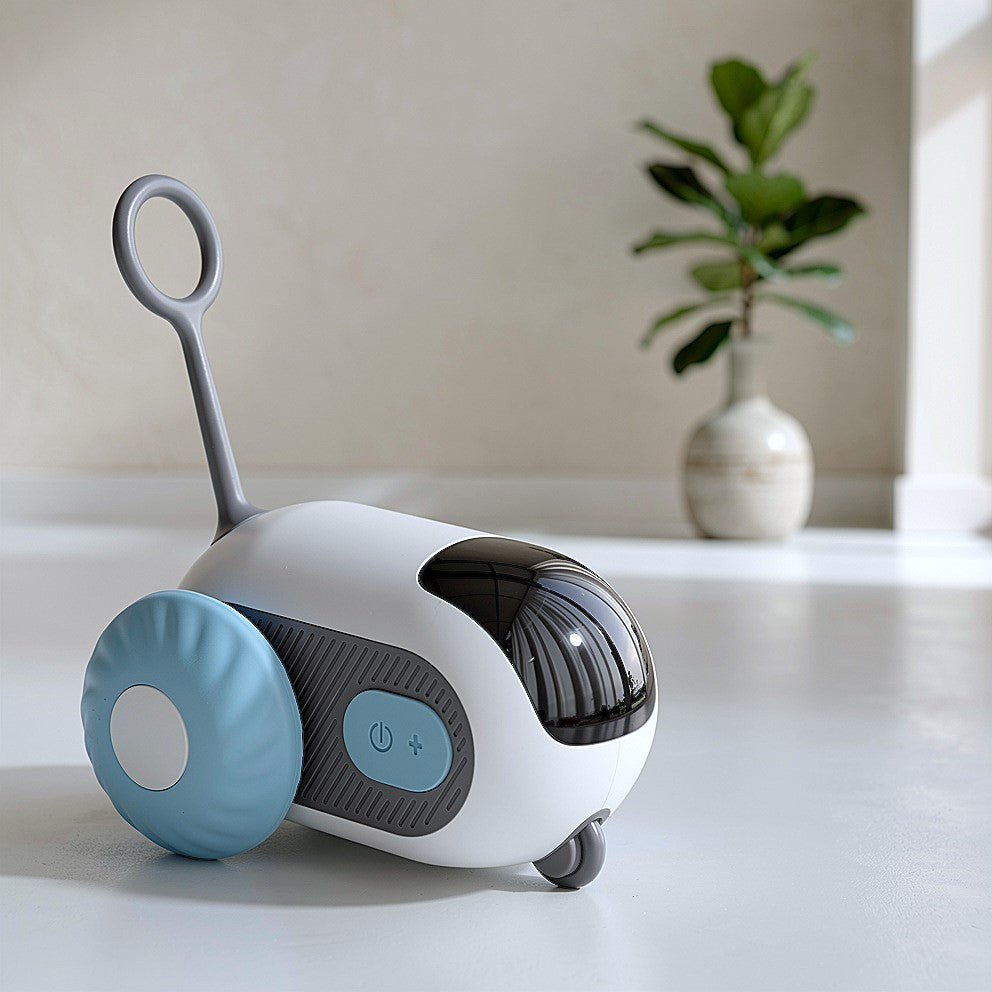 Brinquedo automático caça ativa azul  para gatos da Cantito isolado em fundo neutro moderno mostrando detalhes do design.