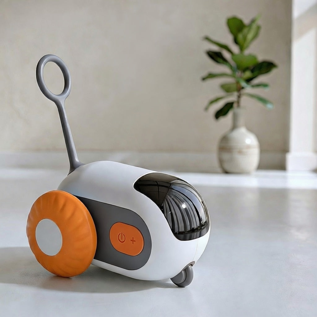 Brinquedo automático caça ativa laranja para gatos da Cantito isolado em fundo neutro moderno mostrando detalhes do design.