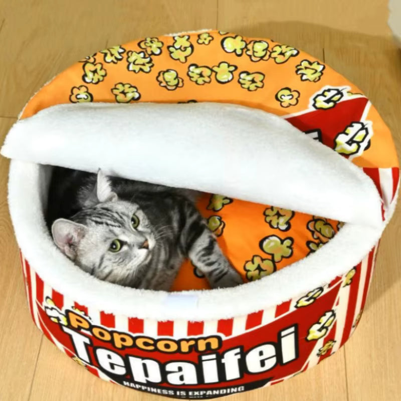 Toca para gato quente e macia modelo balde de pipoca