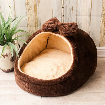 Cama para gatos marrom com lacinho respirável