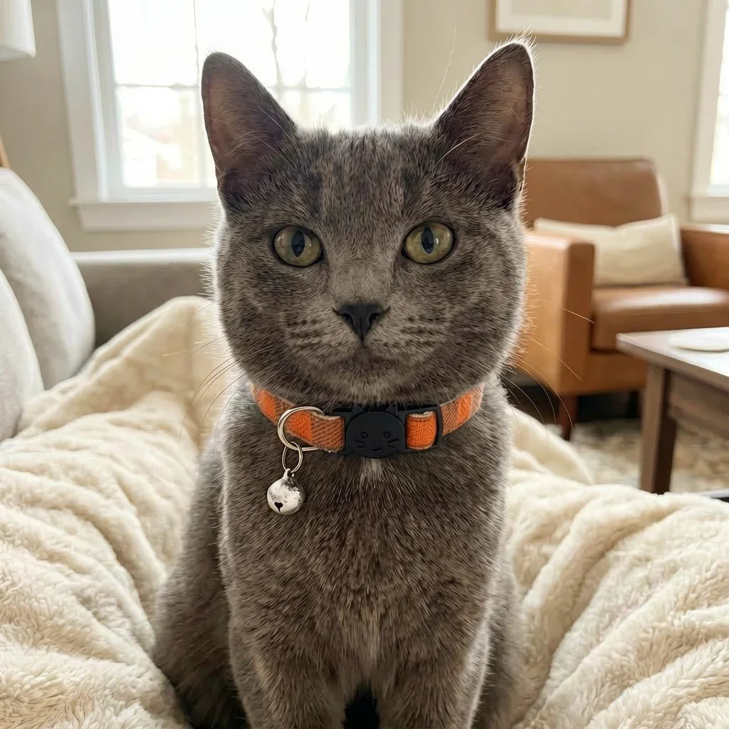 Coleira para gatos laranja em gato cinza confortável