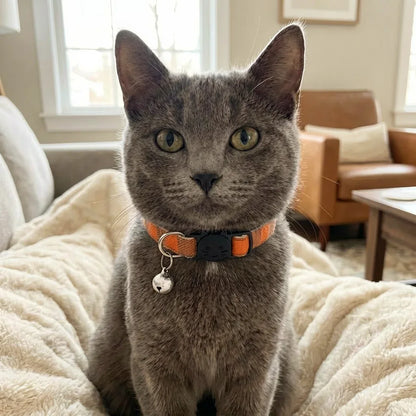 Coleira para gatos laranja em gato cinza confortável
