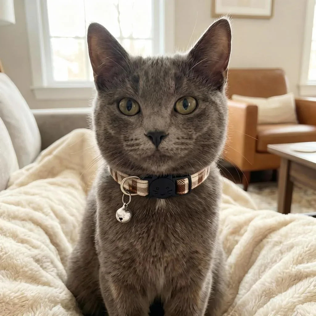 Coleira para gatos marrom em gato cinza confortável