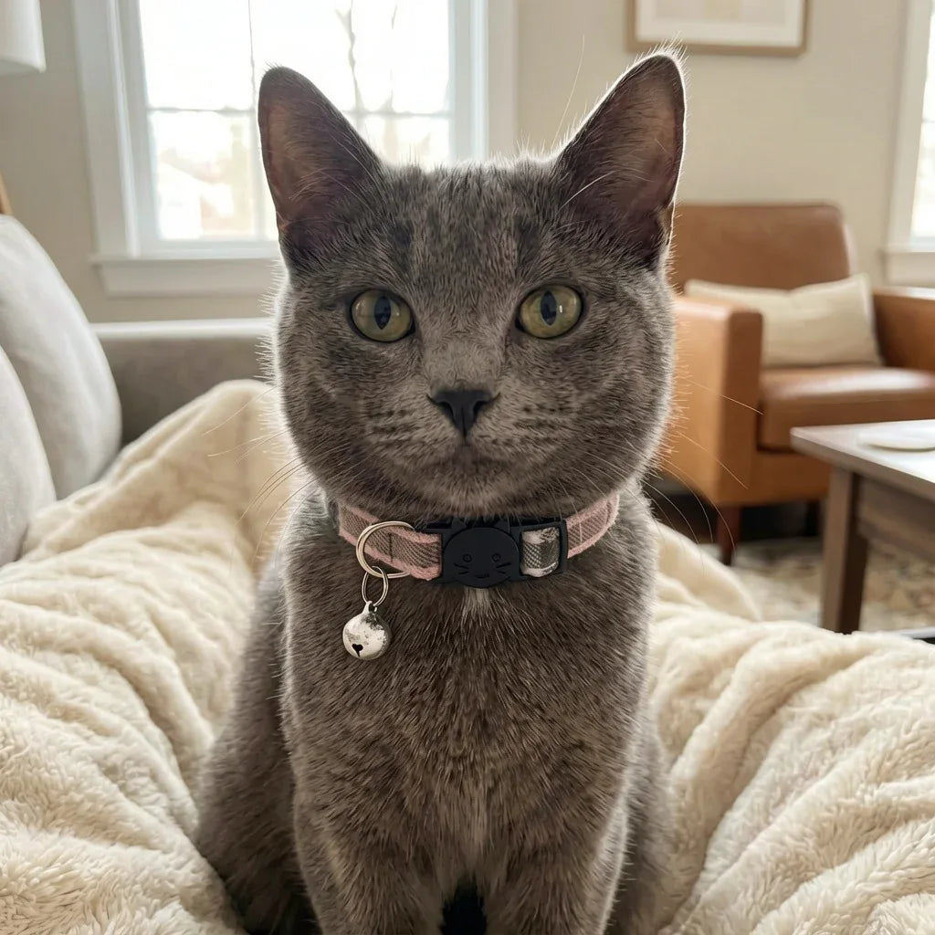 Coleira para gatos rosa em gato cinza confortável