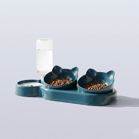 Comedouro duplo elevado para gatos com reservatório de água automático azul