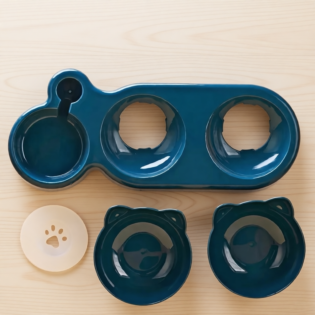 Conjunto de comedouro duplo desmontado com peças e acessórios