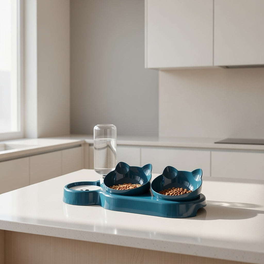 Comedouro duplo azul posicionado em cozinha moderna