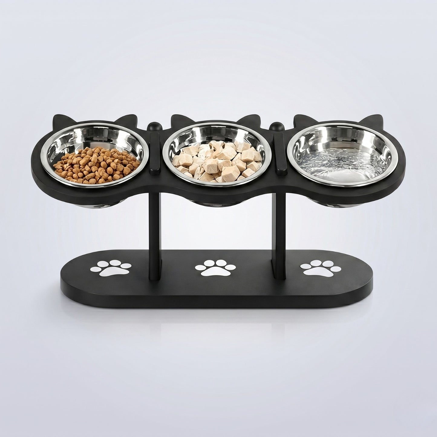 Comedouro para gatos elevado com três potes de aço inox moderno