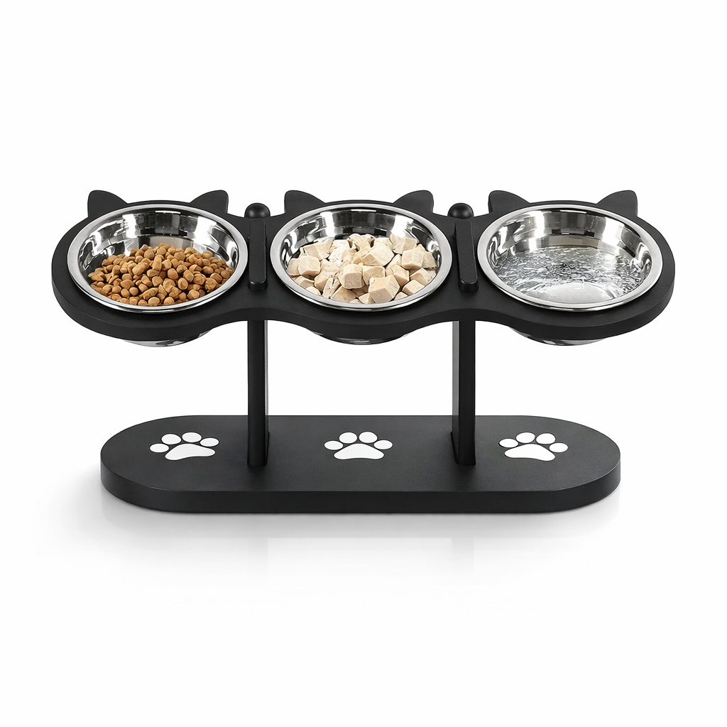 Comedouro para gatos triplo elevado com potes de inox fundo neutro