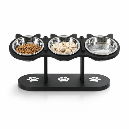 Comedouro para gatos triplo elevado com potes de inox fundo neutro