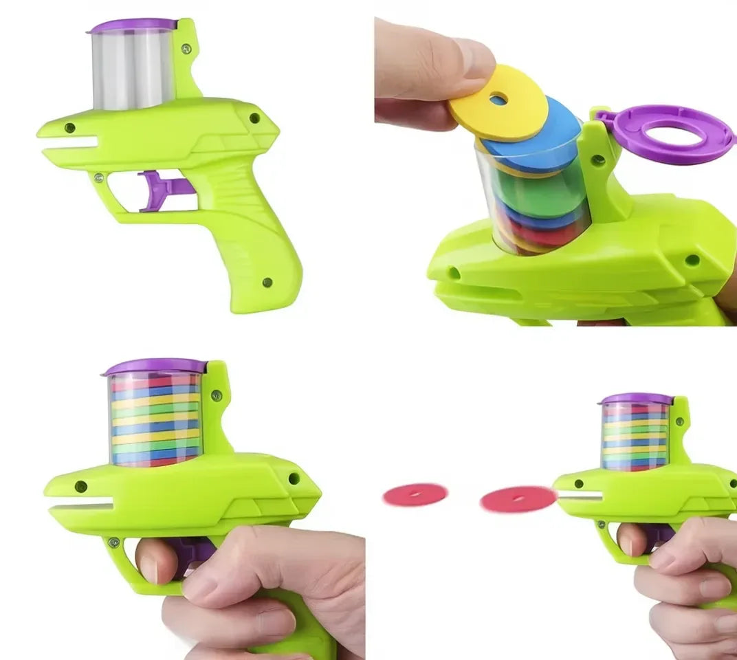 Brinquedo para gatos lançador de discos em uso disparando discos colorido