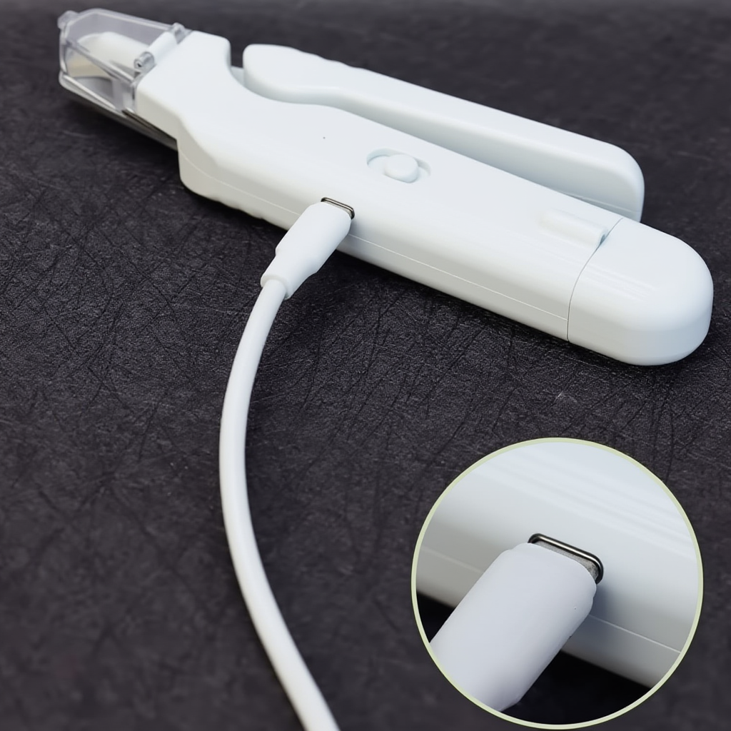 Cortador De Unha Para Gato 3 Em 1 Sendo Carregado Via USB-C
