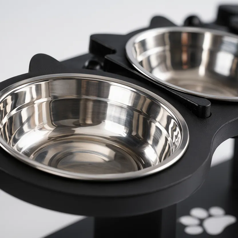 Detalhe do comedouro para gatos com tigela de aço inox removível
