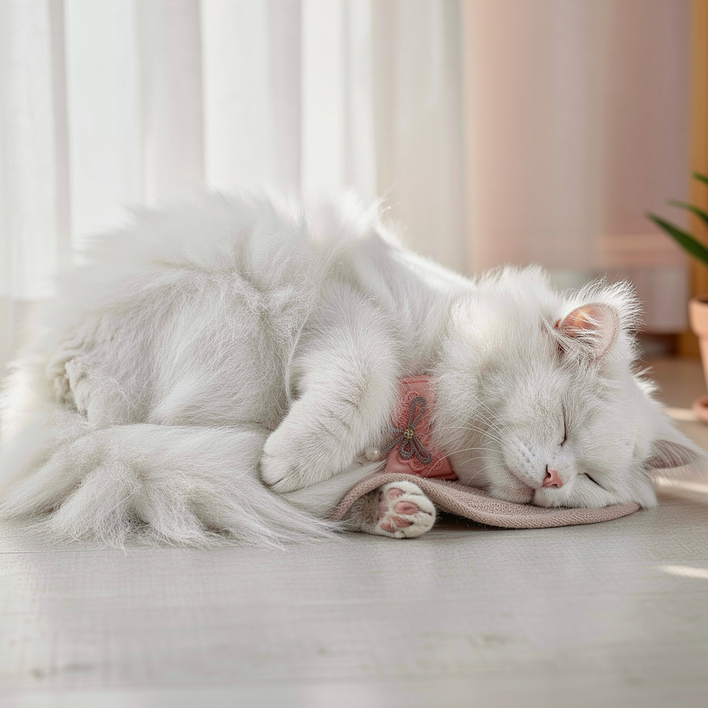 gato branco relaxado deitado usando uma coleira rosa com bordado e laço