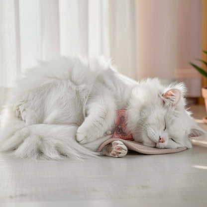 gato branco relaxado deitado usando uma coleira rosa com bordado e laço