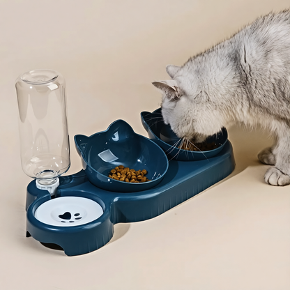 Gato se alimentando em comedouro duplo com bebedouro automático