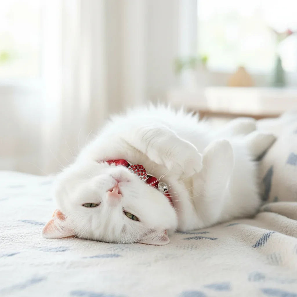 Gato branco deitado usando coleira para gatos 