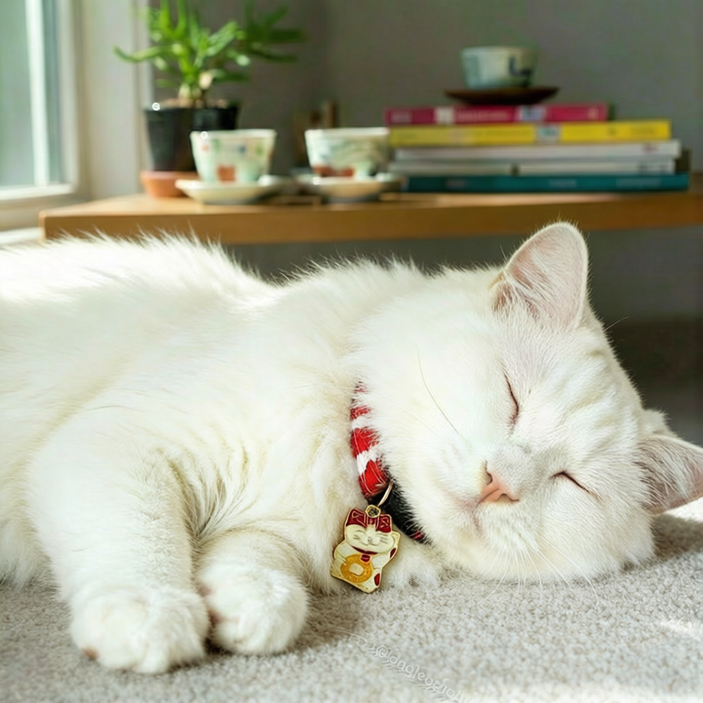 Gato branco deitado de lado usando coleira para gatos oriental 
