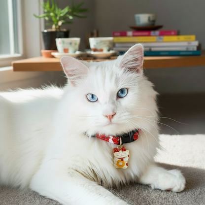gato branco usando coleira para gatos oriental com pingente Maneki Neko
