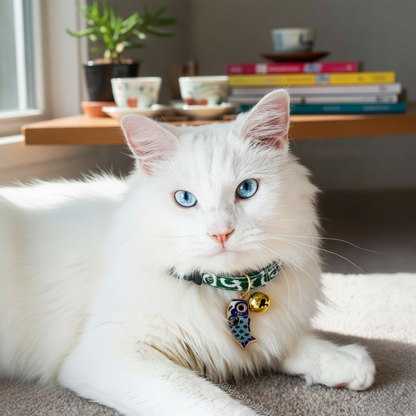 Gato branco usando coleira para gatos oriental com pingente de peixe verde