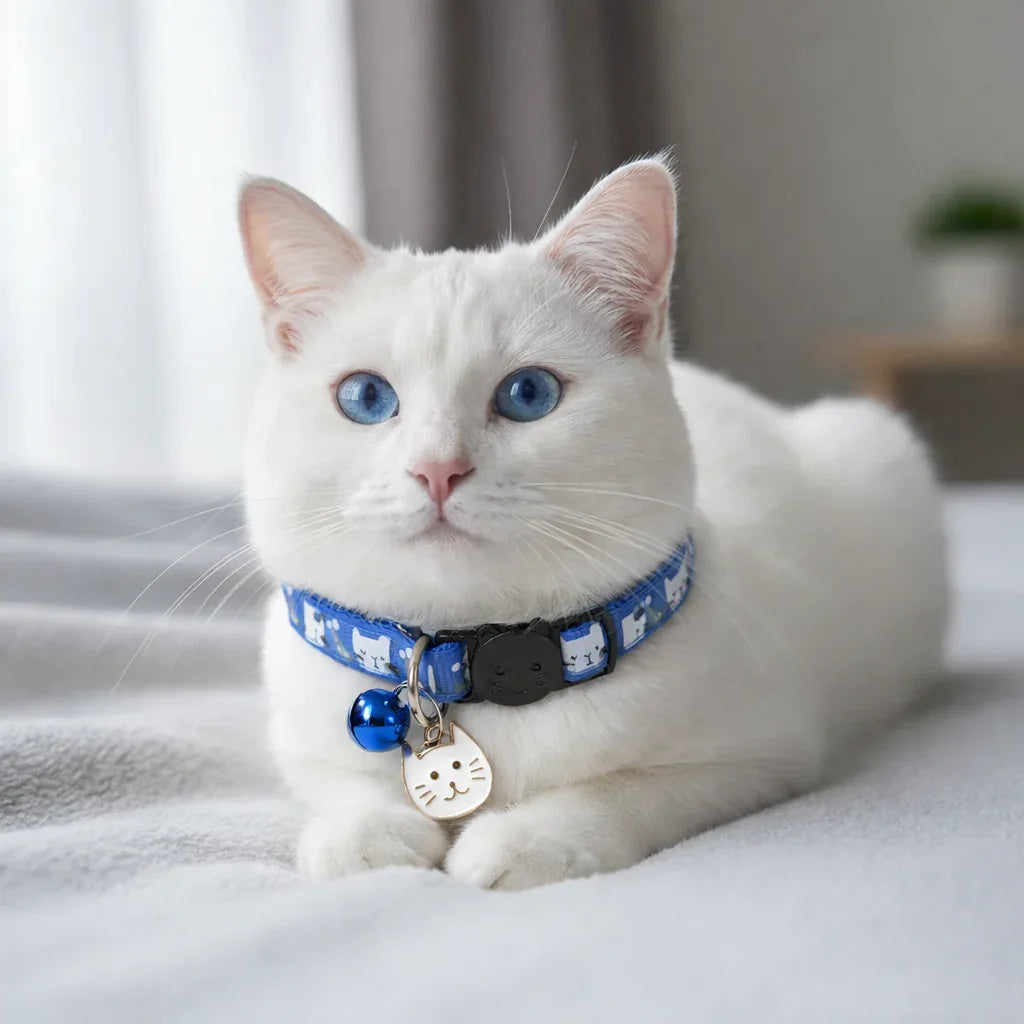 Gato branco usando coleira azul escuro ajustável