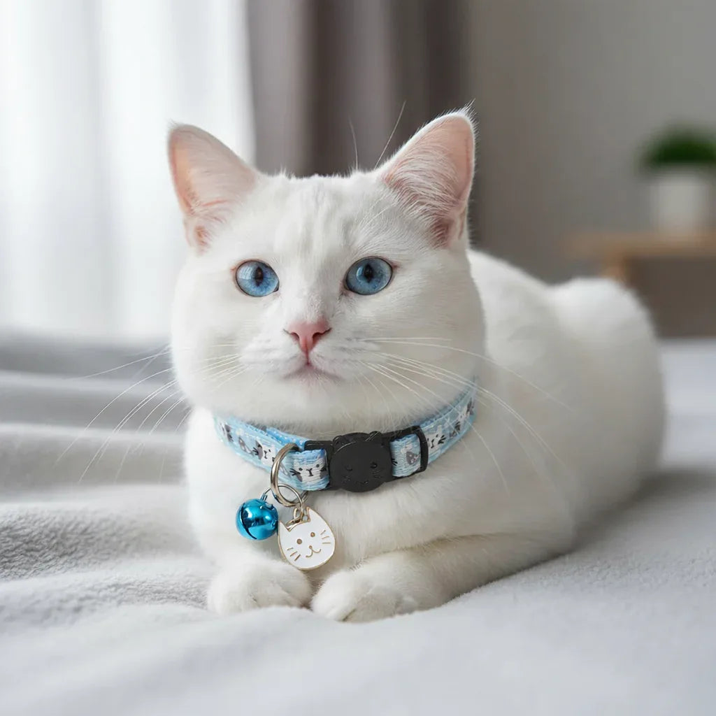 Gato branco usando coleira azul confortável