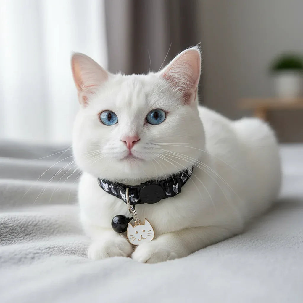 Gato branco usando coleira preta premium