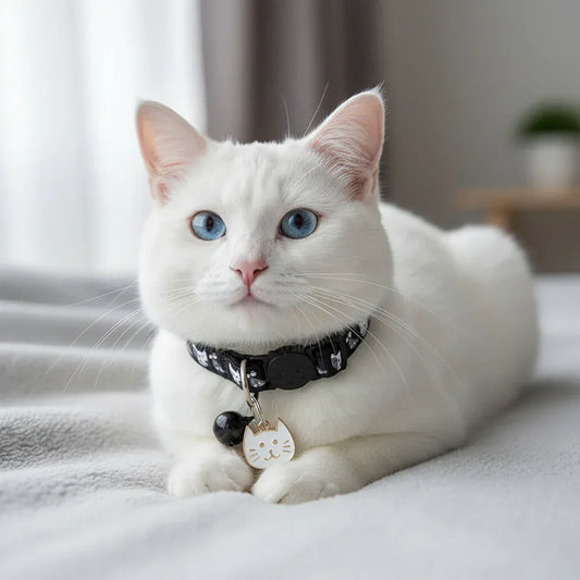 Gato branco usando coleira preta premium