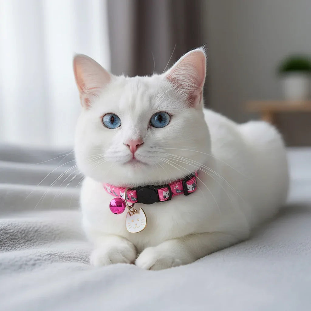 Gato branco usando coleira rosa com guizo