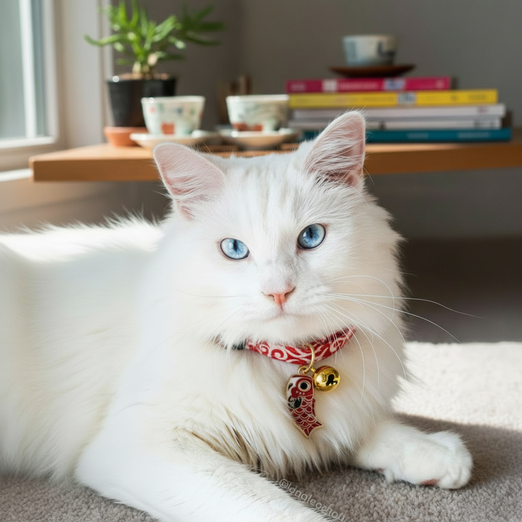 gato branco usando coleira para gatos oriental com pingente de peixe vermelho