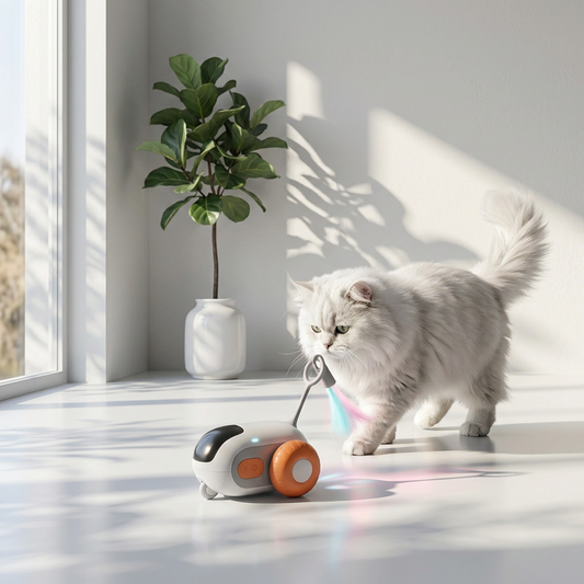 Gato branco e fofo interagindo com um brinquedo interativo caça ativa da Cantito em um ambiente iluminado e moderno.
