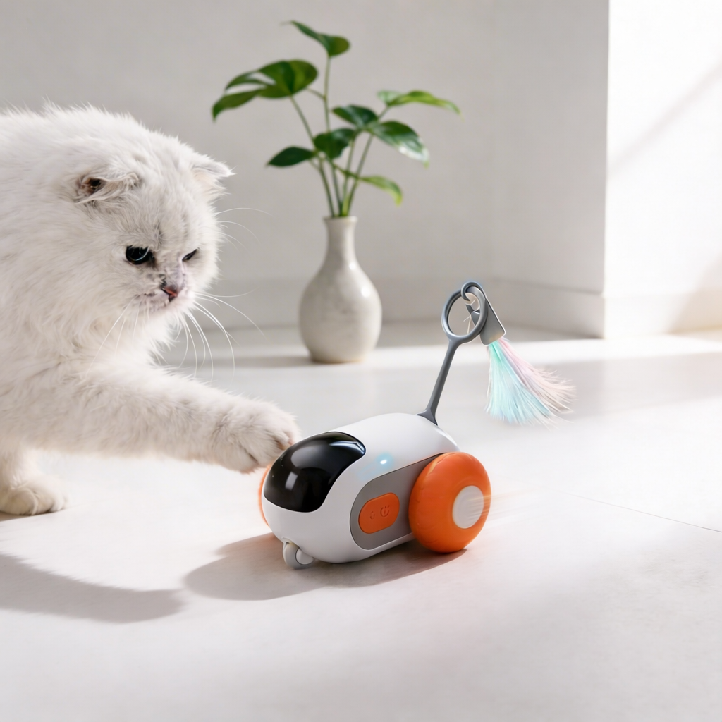 Gato branco e fofo interagindo com um brinquedo interativo caça ativa da Cantito em um ambiente iluminado e moderno.