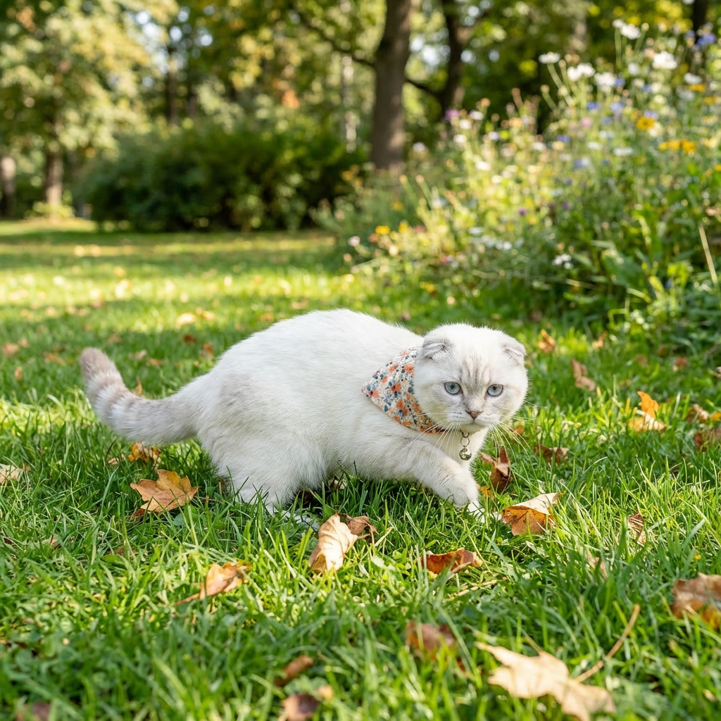 Gato branco brincando na natureza usando uma coleira pra gatos com estampa floral confortável