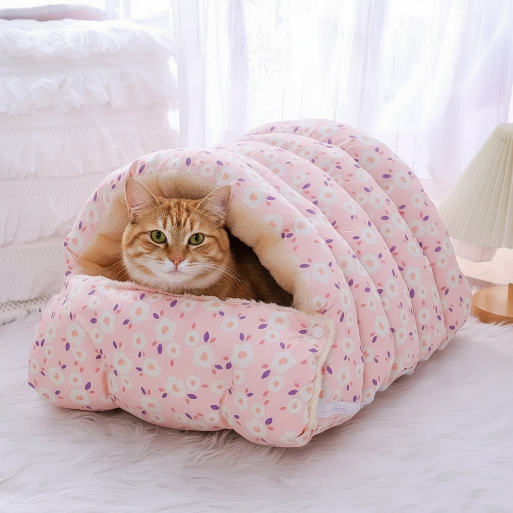 Gato relaxado dentro da cama para gatos confortável