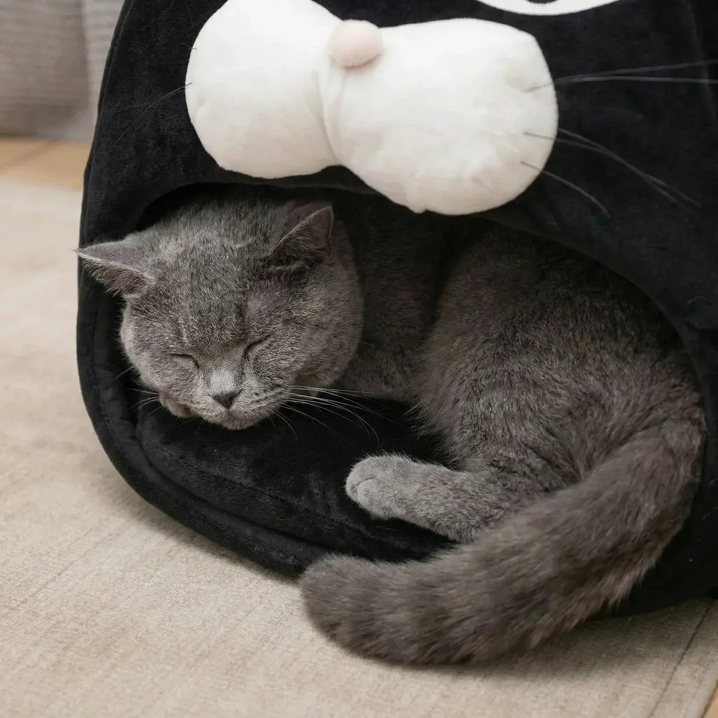 Gato dormindo dentro da cama para gatos preta