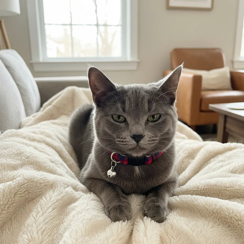 Gato relaxa usando uma coleira para gatos vermelha
