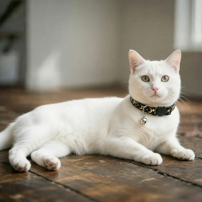 Coleira para gatos preta com estampa lunar em gato branco deitado